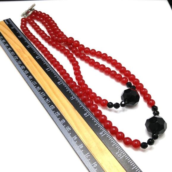 Red Black Glass Beaded Necklace, Two Strands, 18 Inches, Toggle Clasp On Wire - Picture 5 of 7